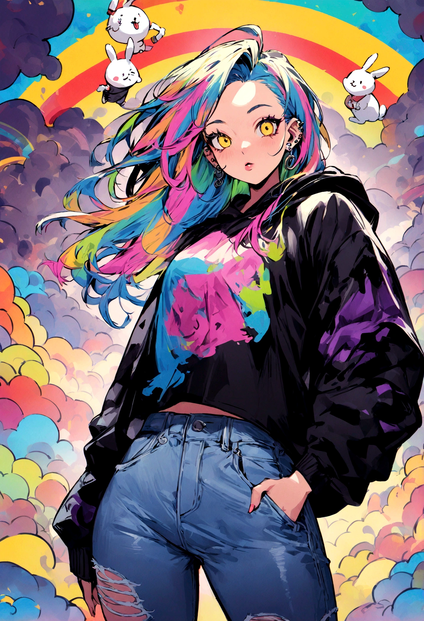 Cool and trendy rabbits, rainbow-colored hair, Yellow eyes, Wear trendy hip-hop clothes, Wearing a hoodie, Graphic T-shirt and ripped jeans, Lots of tattoos and piercings, Doodle style background, Highly detailed background, perfect masterpiece, High quality, High resolution