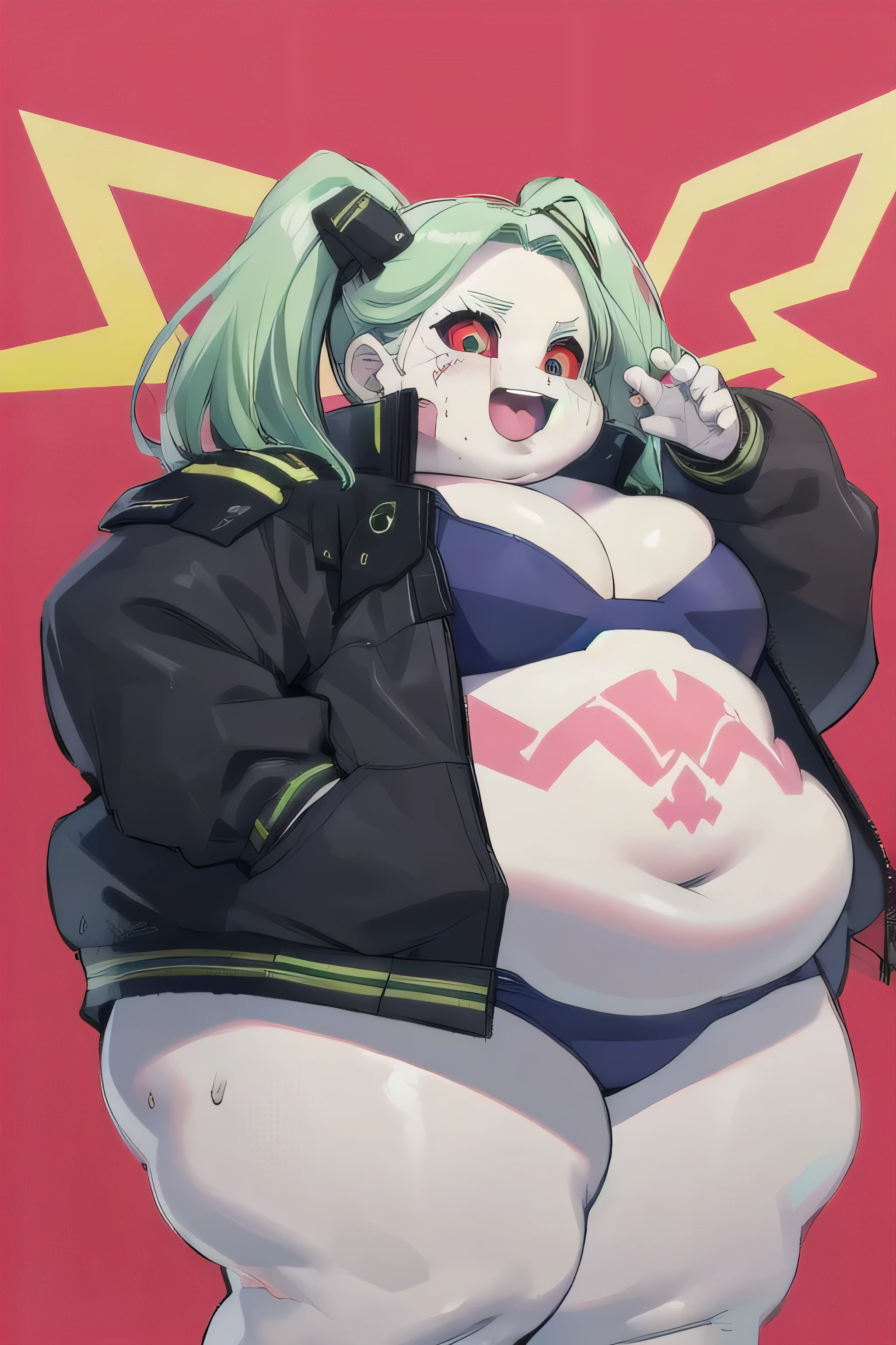 Fat cprebecca, colored skin, white skin, gree hair, twintails, artificial eye, slob body, colored sclera, red sclera, black jacket, bra, panties, small breasts, thick thighs, big Cheeks, cute and fat face, happy