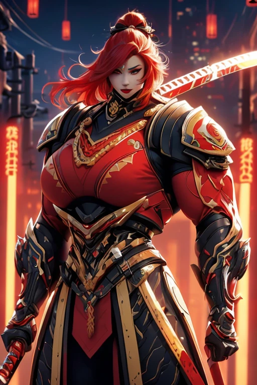 ((((Massive, beautiful, buff, muscular pale white skinned asian female samurai with red hair, black lipstick, ginormous bulky muscles, holding a crimson fire sword and wearing an all red cyber samurai armor with pants)))), {close view}, black eyeliner, massive muscles, large breast, massive biceps, hyper muscle triceps, (long hair), yellow eyes, samurai boots, In a futuristic city, sleeveless, steel samurai armor, nighttime, closed smile, hyper muscles arms, hyper muscle legs, ginormous arms