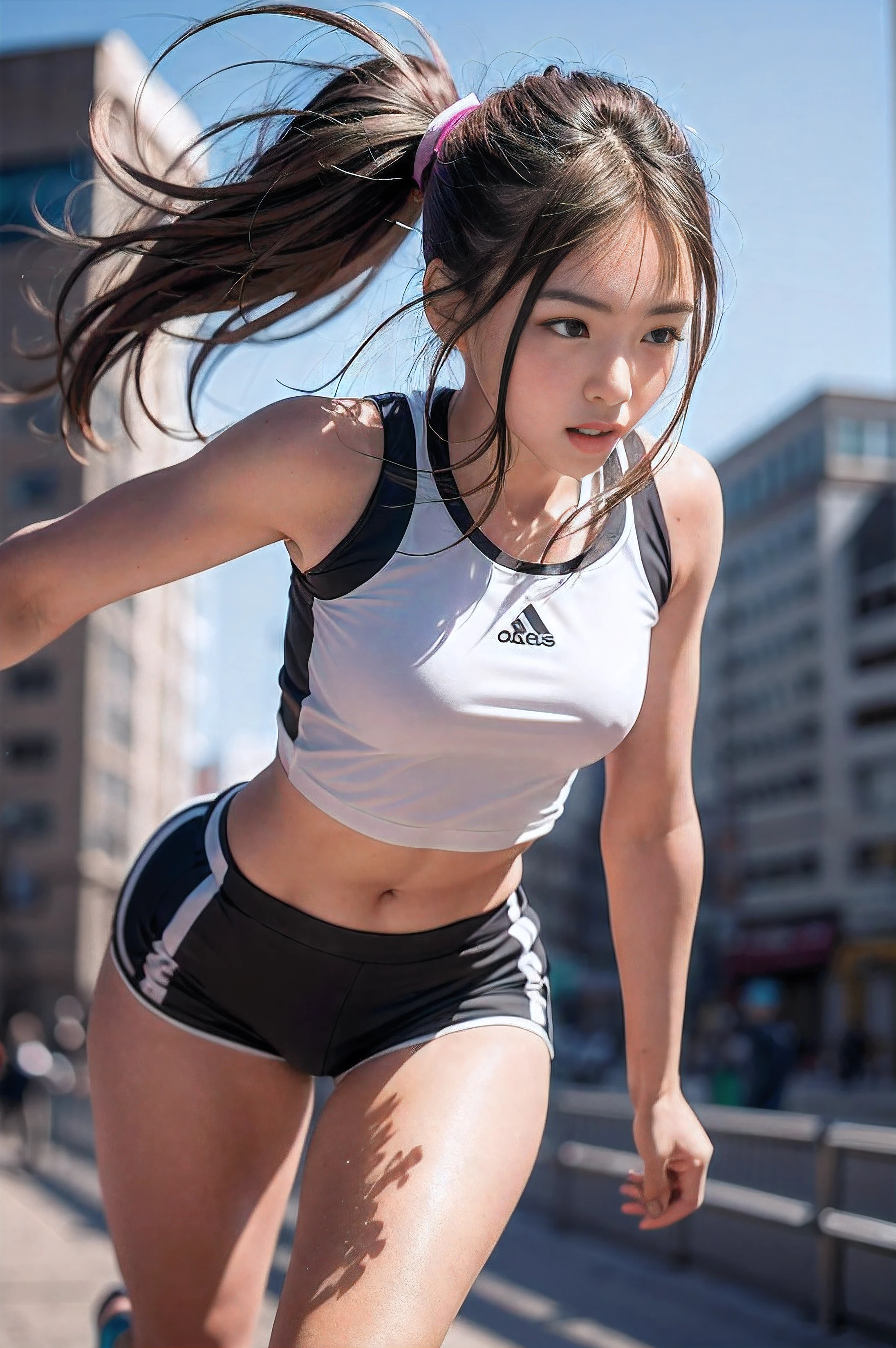 1 girl, Solitary, running, Gray sports top, Pink shorts, Ponytail, Athlete physique, Dynamic brushstrokes, Fluid Movement, Capturing the essence of her athleticism and energy, Use light colors and soft tones to create a dreamy and ethereal atmosphere, portraying the motion and grace of running, showing the wind blowing her Ponytail and clothes, And the surrounding scenery.
outdoor, Detailed background, Modern metropolis,
