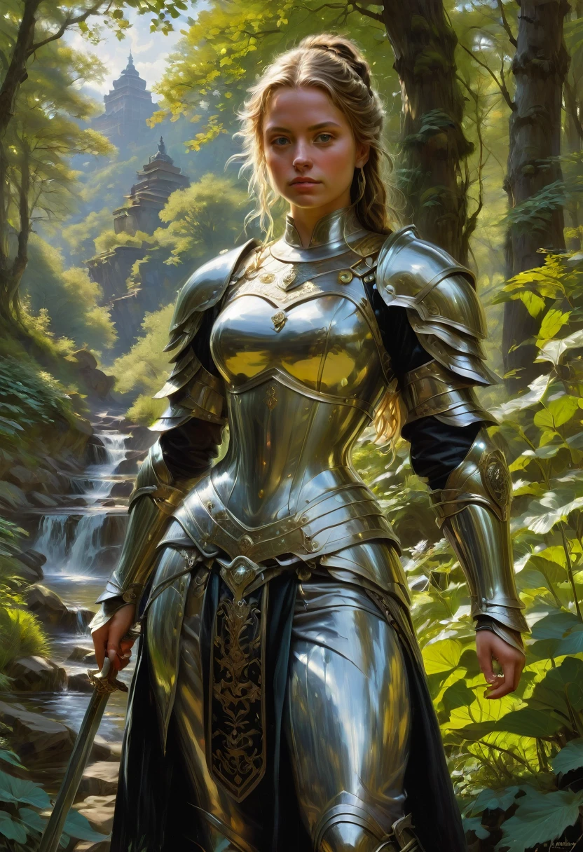 Female Warrior, by Peder Mork Monsted, best quality, masterpiece, very aesthetic, perfect composition, intricate details, ultra-detailed