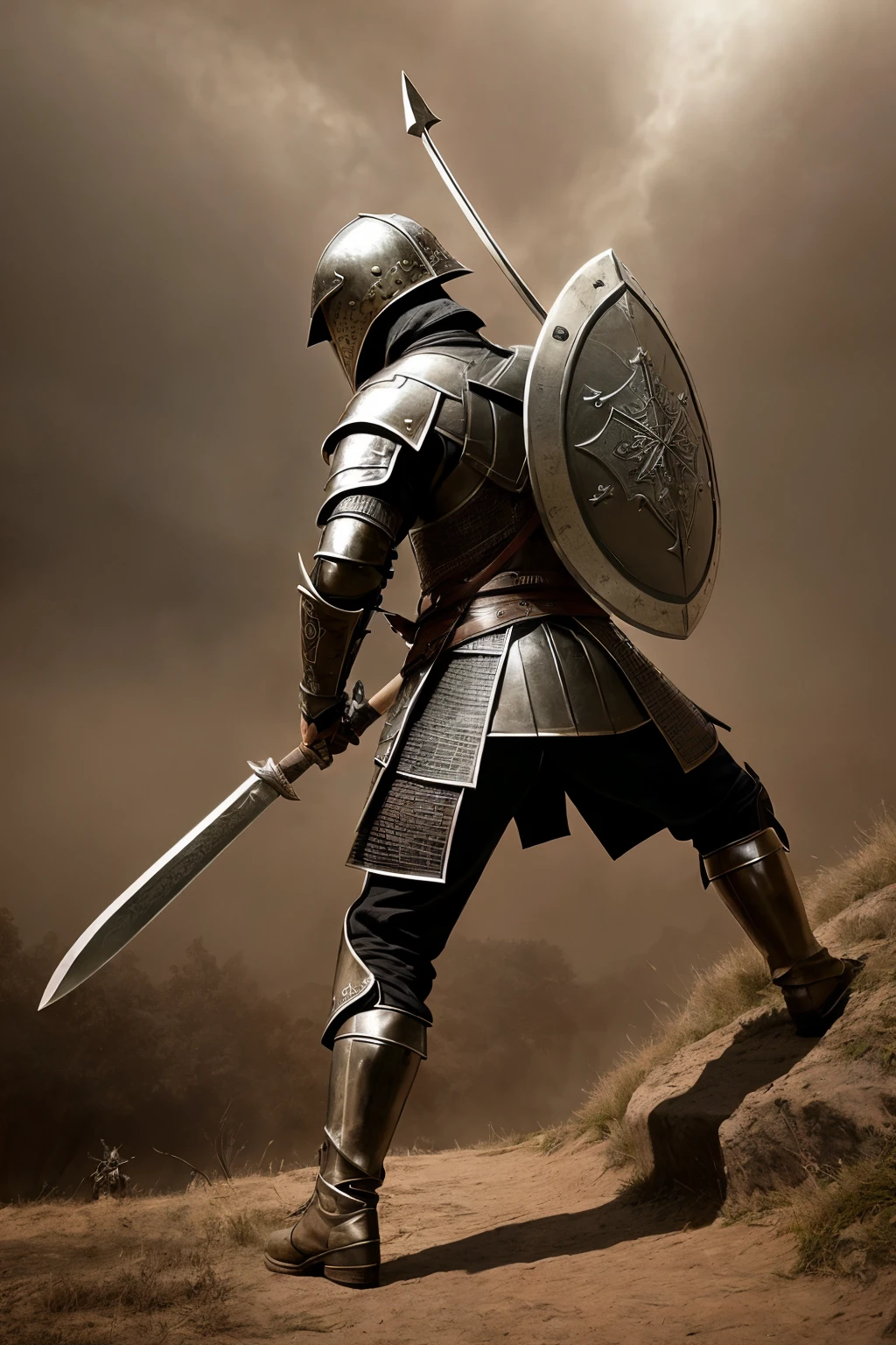 A Medieval Warrior
in a combat stance,
with a double-bladed axe on his back,
holding a double-bladed axe,
imposing details,
HDR enhanced,
epic shot,
vignette,
centered
This warrior, clad in worn armor, is ready for battle with a fierce expression etched on his face. His double-bladed axe, a symbol of his power and skill, is poised to strike at any moment, its intricate details coming to life in this ultra-high resolution image. The play of light and shadows creates a dramatic, high-contrast atmosphere, capturing the essence of a medieval battlefield. The