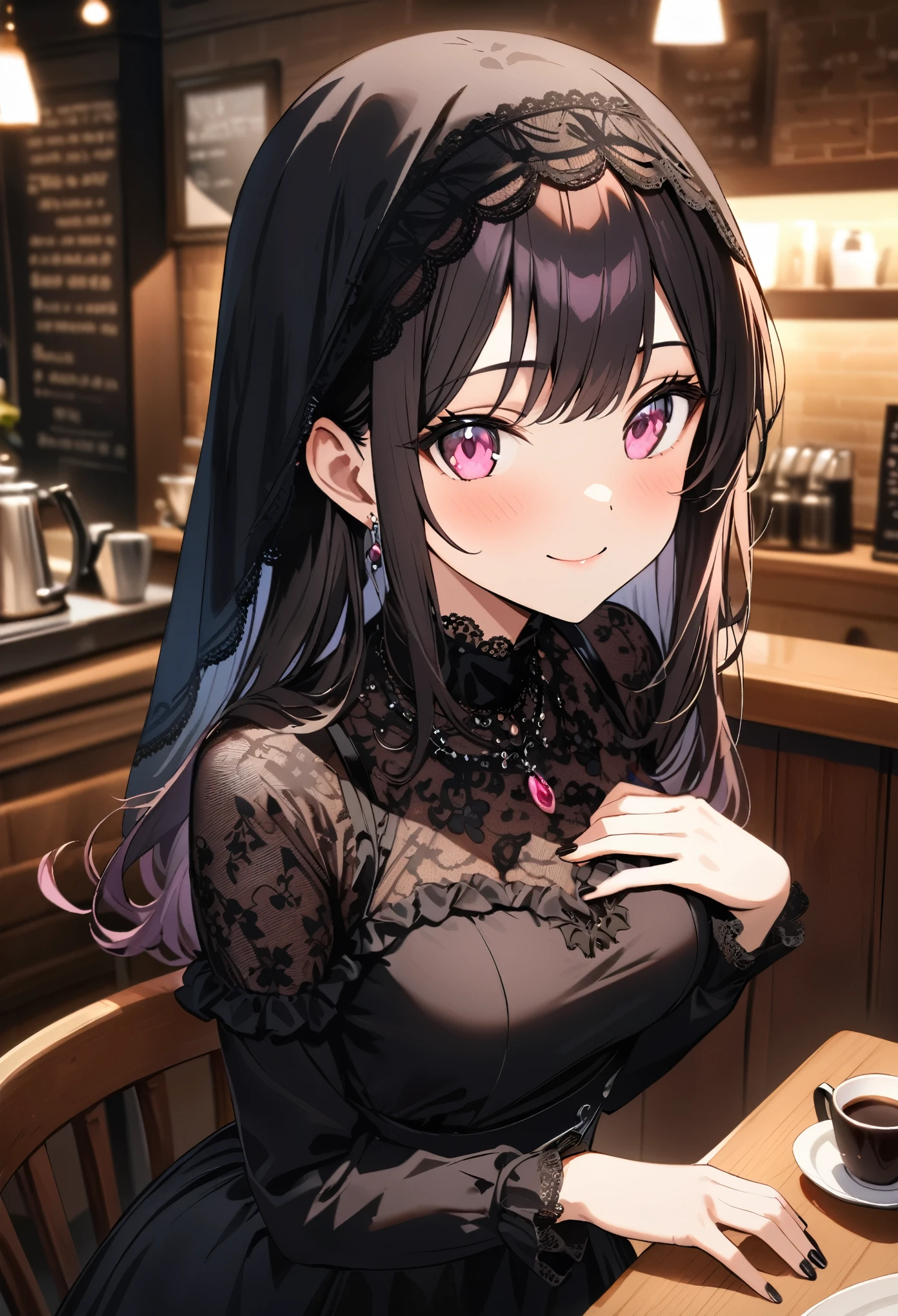 Practical ,masterpiece, best quality, girl, Miss, Smile, High resolution, portrait, photo_Light, warm feeling，Black long hair，Pink Eyes，(Gothic style lace dress:1.0)，(Black veil covering the chest:1.2)，Black Manicure，Aesthetic style characters，Above the waist，Coffee shop background，Depth of Field，Brown Wallpaper，Silver cutlery，European furniture，Classical style