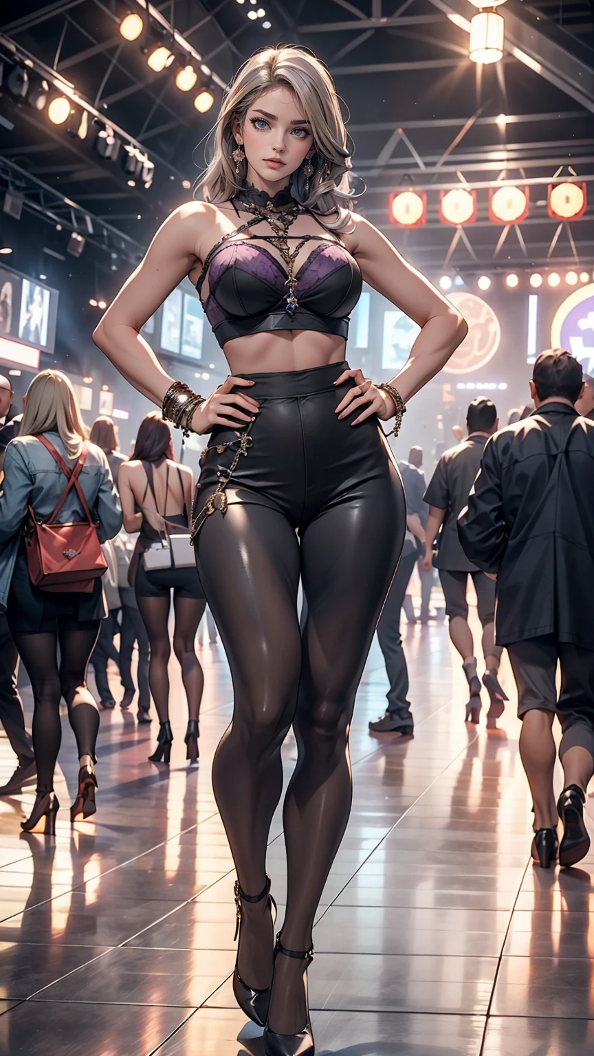 24 year old Caucasian female、Silver Hair、long hair、Hair becomes wavy、Outstanding proportions、Wear a sheer romper decorated with lace、Breasts are visible through the skin、I can see my belly button、Wear low rise leggings、Wear stiletto heels、Cowboy Shot、sexy pose、Skyscraper background