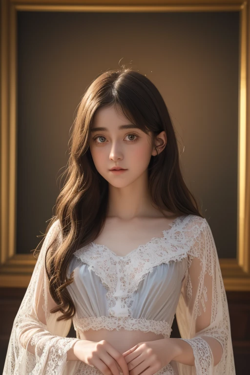 Amazing young ethereal figure, Portrait of a magical girl, Portrait of a young witch girl, Musician girl wearing lace top with nothing exposed below the waist, Natalia Dyer, Daphne Keen, Portrait of a young witch, Magic girl, Inspired by Irakli Nadal, Inspired by William Muster Lockhart, Top quality, detail, detail, masterpiece, High image quality
