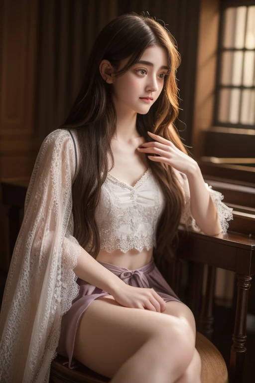 Amazing young ethereal figure, Portrait of a magical girl, Portrait of a young witch girl, Musician girl wearing lace top with nothing exposed below the waist, Natalia Dyer, Daphne Keen, Portrait of a young witch, Magic girl, Inspired by Irakli Nadal, Inspired by William Muster Lockhart, Top quality, detail, detail, masterpiece, High image quality  