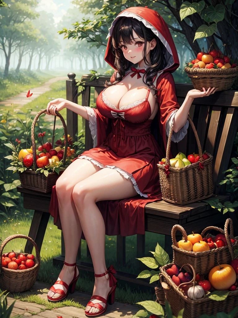 Little Red Riding Hood, big heavy tits, lingerie, forest, butterflies, fruit basket in hand, full body