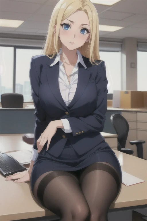 create a 25-year-old anime girl in office attire and black stockings with blonde hair and blue eyes with a luxurious office landscape