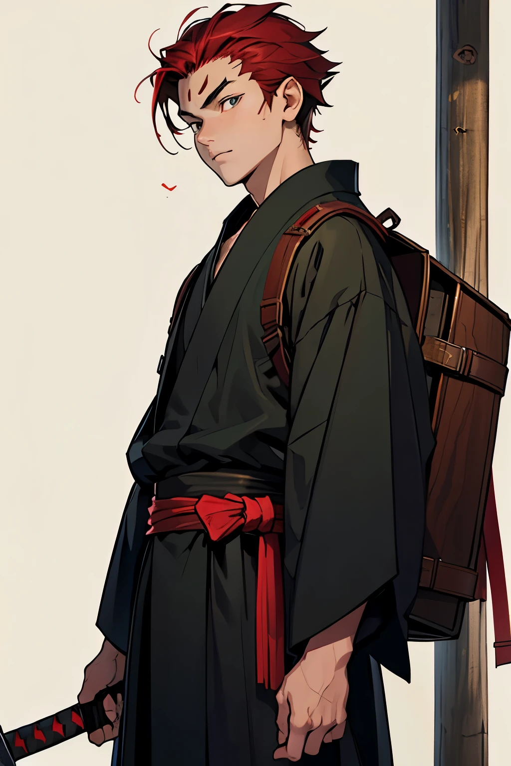 Detailed face
A 18 year old boy in a dark green and black checkered kimono with a katana,
he has a wooden box as a back pack
He has dark red hair and a red scar on his forehead,
he has bright eyes and a kind face with a sharpe nose.