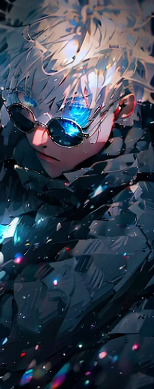 1 boy,rim light,looking_at_screen,masterpiece,best quality,soloGojo Satoru,highest detailed.sunglasses,Glowing eyes,white hair,