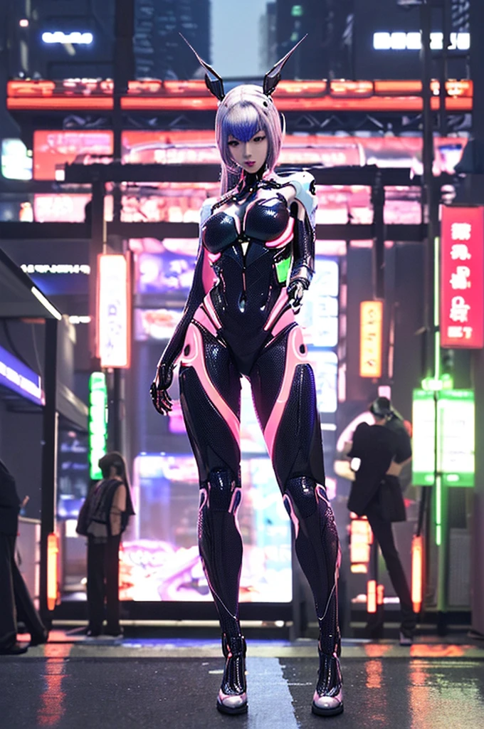 best quality, 8k, highly detailed face and skin texture, high resolution, sexy japanes girl in futuristic suit in future city at night, with neon light, full body, sharp focus