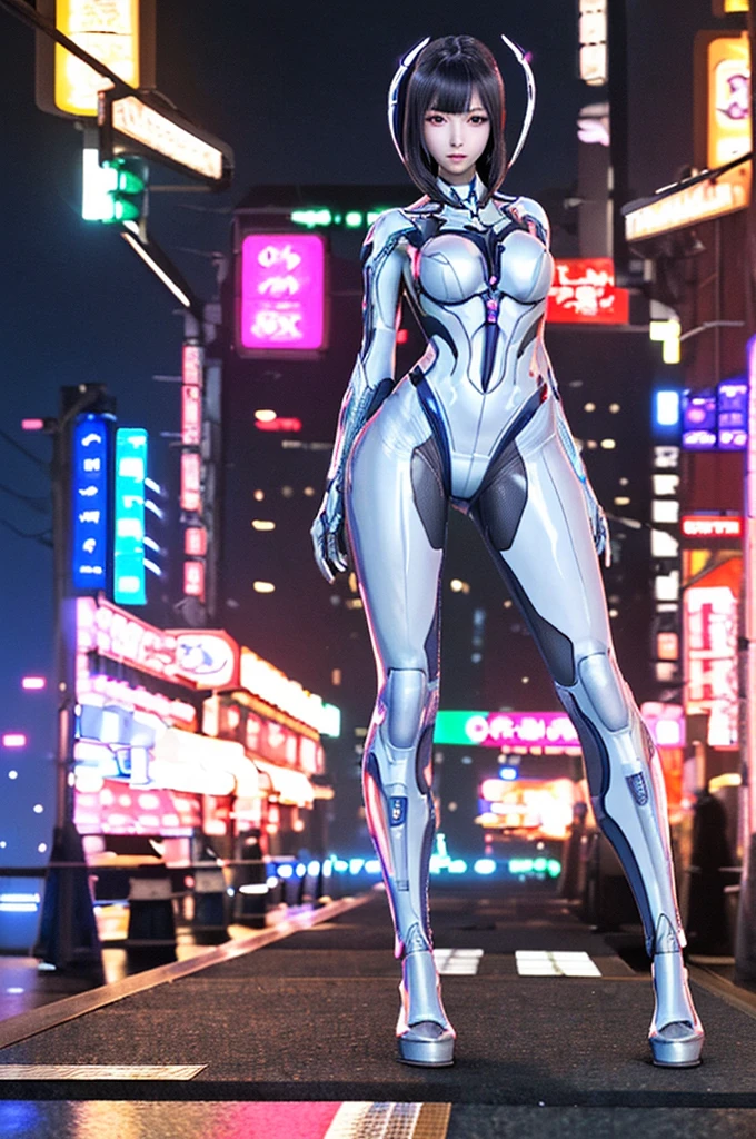 best quality, 8k, highly detailed face and skin texture, high resolution, sexy japanes girl in futuristic suit in future city at night, with neon light, full body, sharp focus