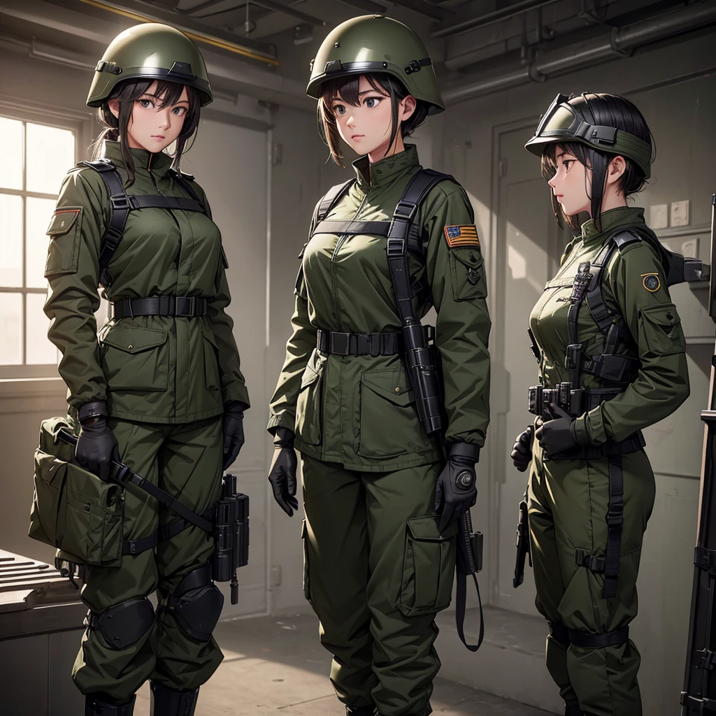 Three female soldiers wearing helmets standing guard、Two black rubber shoulder straps crisscross、Dark green M51 jacket、upright、Magazine Pouch、military trousers、No knee pads、Tactical gloves、Write details、masterpiece、best quality、Highly detailed CG、8K picture quality、theater lighting、lens flare