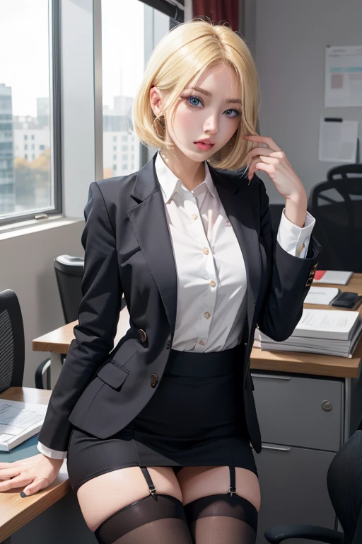 create a 25-year-old anime girl in office attire and black stockings with blonde hair and blue eyes with a luxurious office landscape