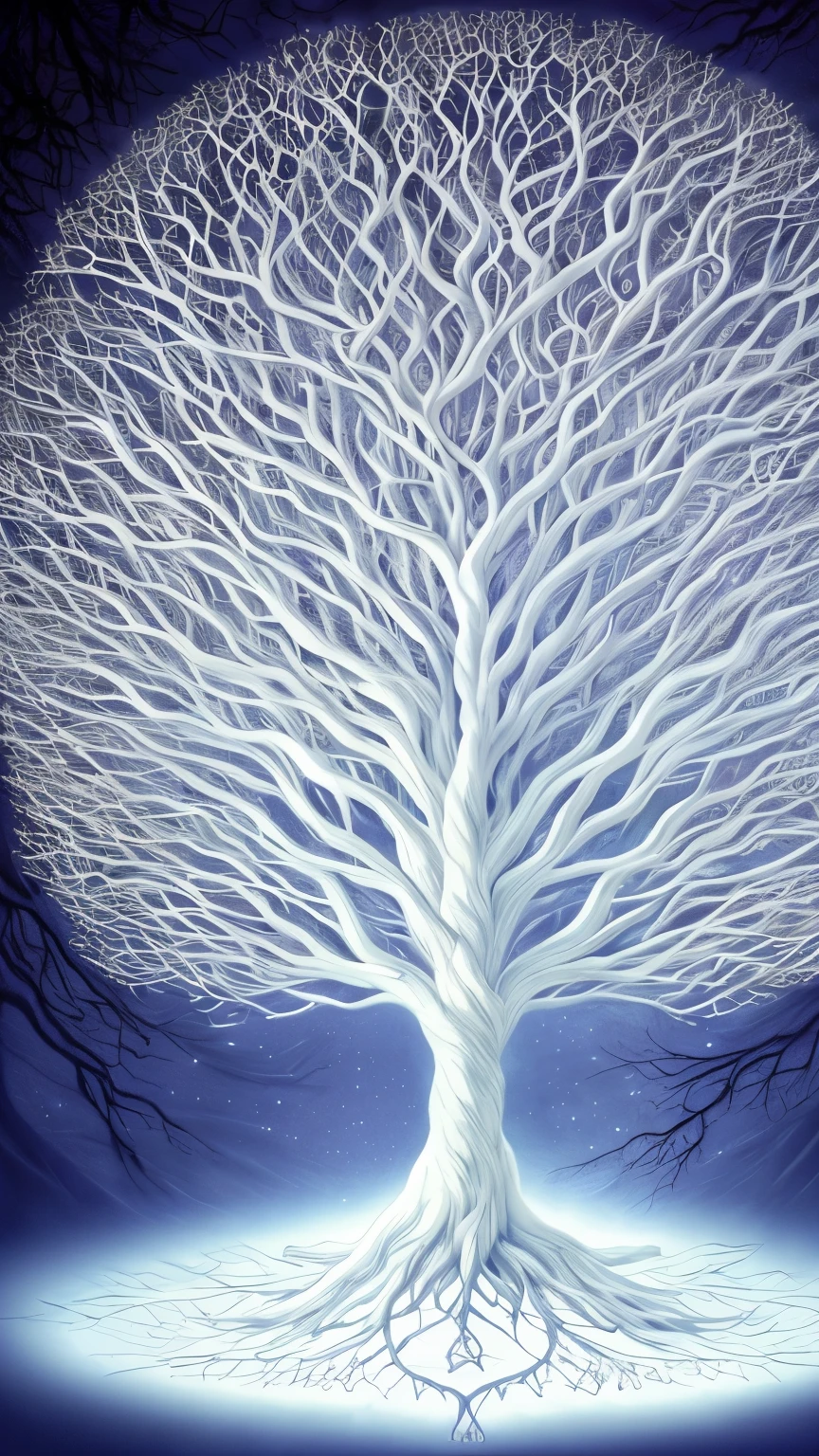 a white tree with a lot of branches in the middle of it, digital art by Johfra Bosschart, trending on cgsociety, fantasy art, magical tree, fantasy tree, glowing veins of white, magic tree, cosmic tree of life, cosmic tree, giant white tree, a beautiful tree, the tree of life, tree of life, an enormous silver tree