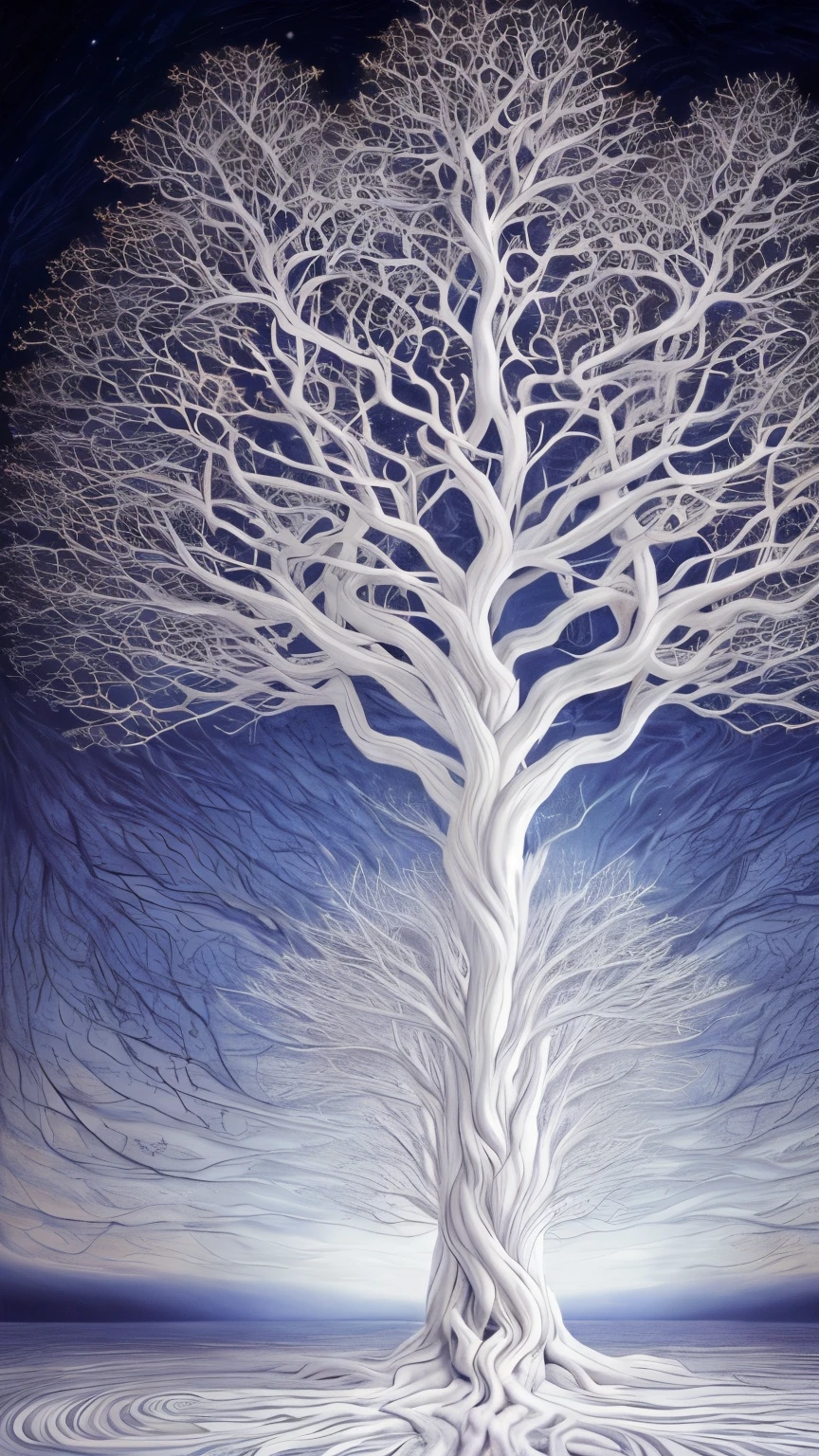 a white tree with a lot of branches in the middle of it, digital art by Johfra Bosschart, trending on cgsociety, fantasy art, magical tree, fantasy tree, glowing veins of white, magic tree, cosmic tree of life, cosmic tree, giant white tree, a beautiful tree, the tree of life, tree of life, an enormous silver tree