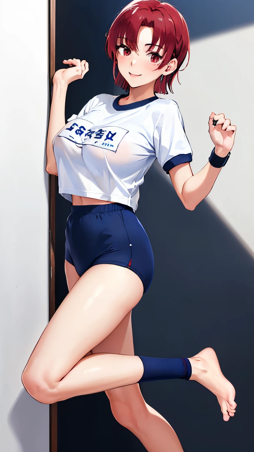 (masterpiece, highest quality:1.2), bazett, FGO, One girl, alone, short hair, Redhead, bangs, Red eyes、blush、Big Breasts,  Earrings, (Navy blue cuffs and white short-sleeved gym uniform)、(Navy Blue Bloomers)、(
barefoot)、Navy blue socks、Big smile、Hotel、Backwards、look back