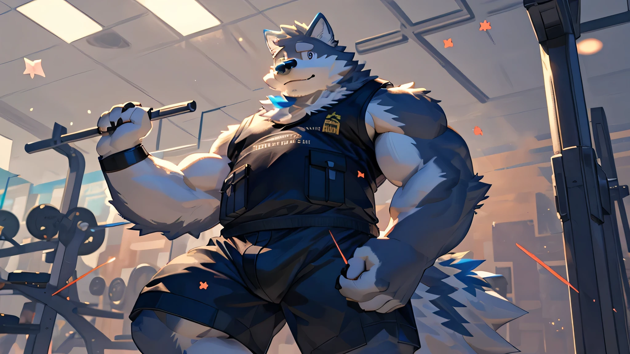 masterpiece, best quality, 8k resolution, Very detailed, hairy,Wolf,Gray hair,muscle,Strong,Blushing,超大muscle,chubby face,Black eyes,Wearing a police hat,portrait,Shirtless,Hip bulge,Milky white liquid,Kneeling,For the audience,Room,Stick out your tongue,Shameful,Highest quality scene,Solitary,solitary,Collar,Leash,white underwear