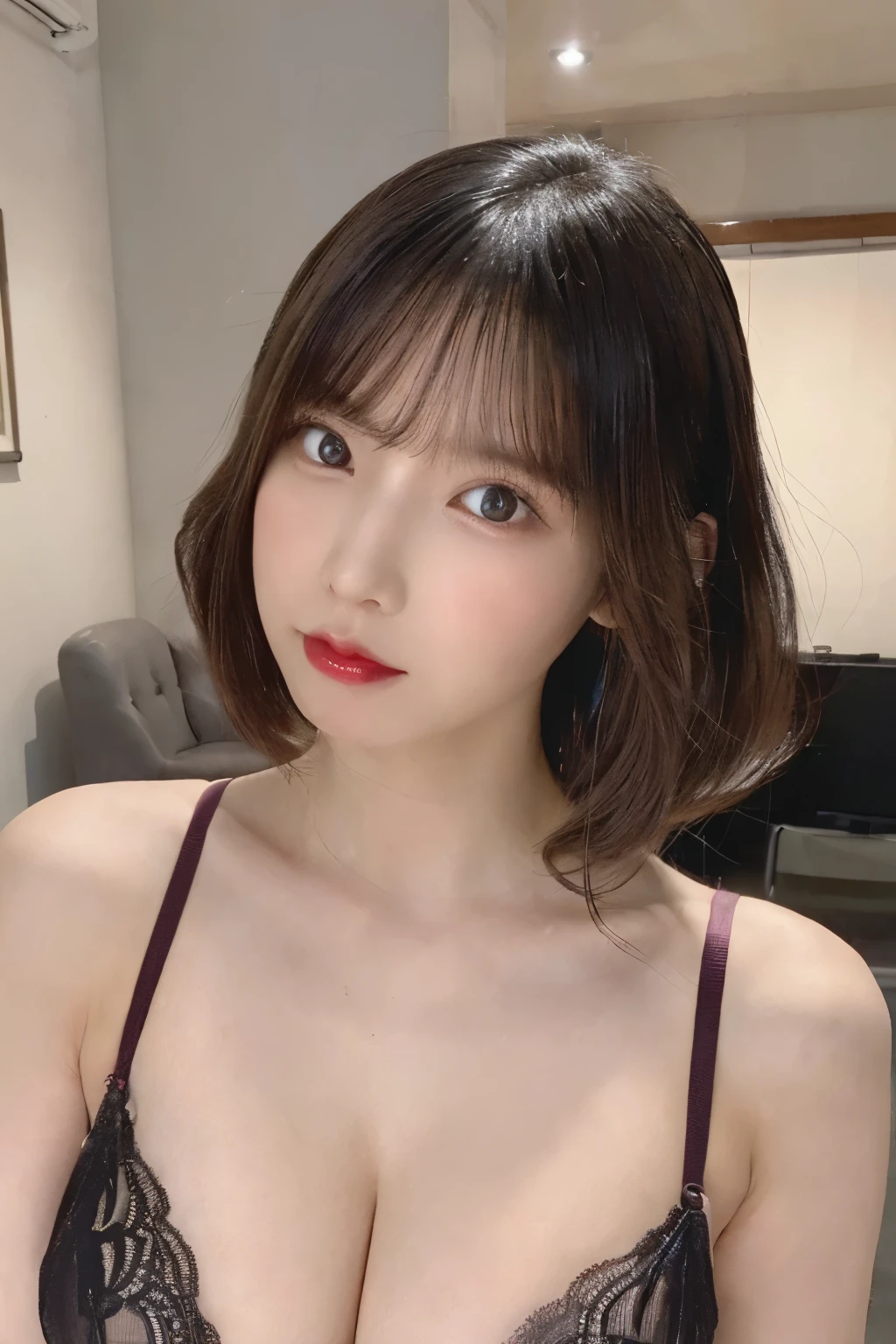 ((highest quality、8k、masterpiece :1.3))、20-year-old、One Girl、Angle of View(face面が中央に収まるように、(Whole body image)、front)、face(Perfect Eyes、A melting gaze、Hollow Eyes、Double、Perfect nose、Wet lips、Red lips、((stuck out his lips))、((Duck Mouth))、blush、((メスface))、美face、((キスのface))、Beautiful Skin、White skin、Realistic skin gloss、((Unique hairstyle、Stylish hairstyle、unusual hairstyle、Random hairstyle、Random hair color、Super flashy hair color)))、chest((超巨大なchest:1.5、非現実的なほど大きなchest、Big Breasts、Big Tits、下着に収まらないchest、完璧なchest、球状のchest、Deep valley、完全にExposeした谷間))、Body Type(砂時計型のBody Type、Chubby、curvey)、Lower Body(Huge Ass、Plump thighs、肉のついたLower Body)、Expose(乳首をExposeさせる)、clothing(Dirty Lingerie、Random color flashy lingerie、Completely sheer lingerie、Completely see-through lingerie)、posture(Raise your arms up、Show your side、Spread your legs)