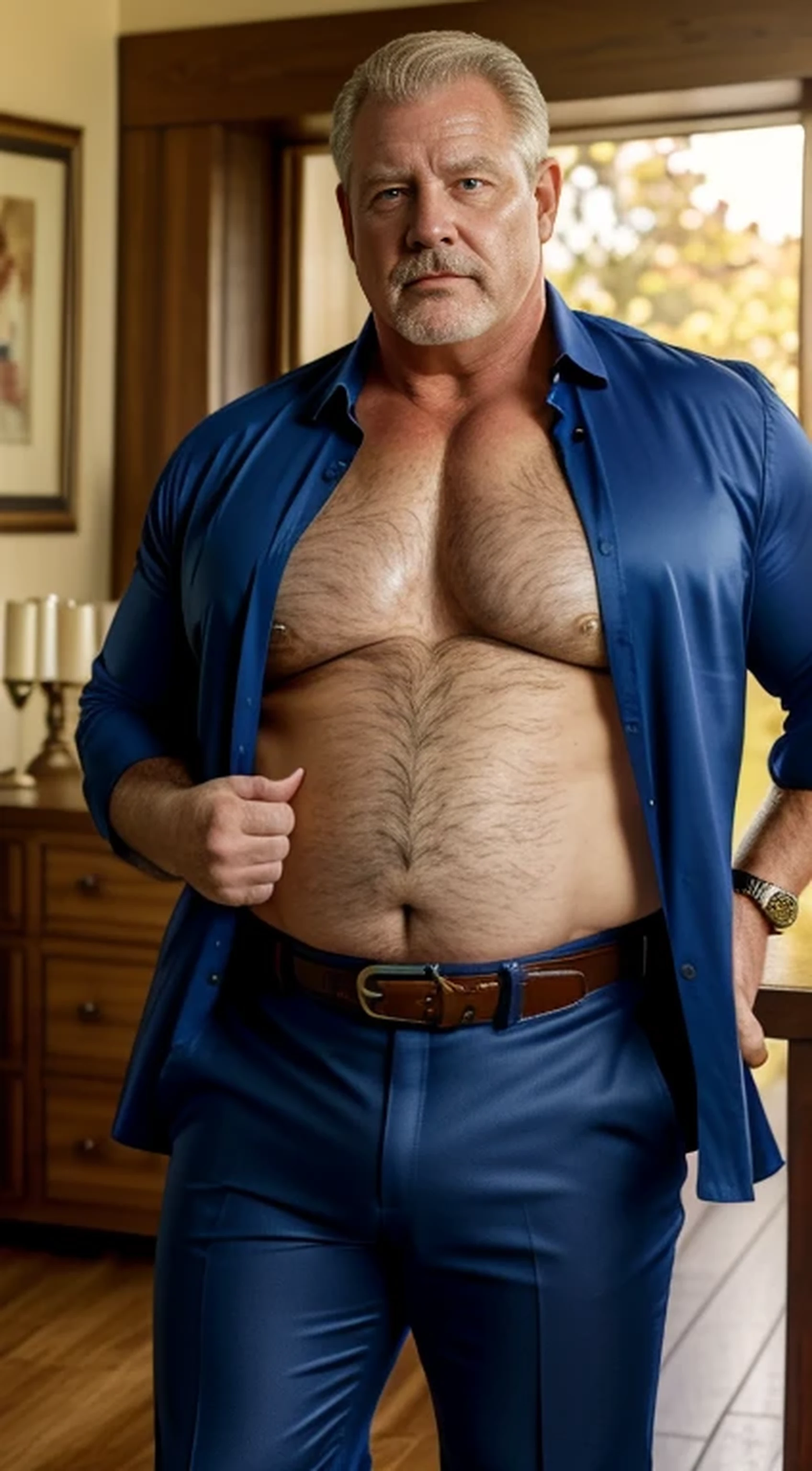 (best quality,4k,8k,highres,masterpiece:1.2), age 60, white man sheriff , horny disgusting, muscular chubby, kind, open shirt, mature daddy, Dress Pants with big bulge, hairy chest hard nipple, belt, loafer,