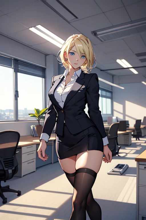 create a 25-year-old anime girl in office attire and black stockings with blonde hair and blue eyes with a luxurious office landscape