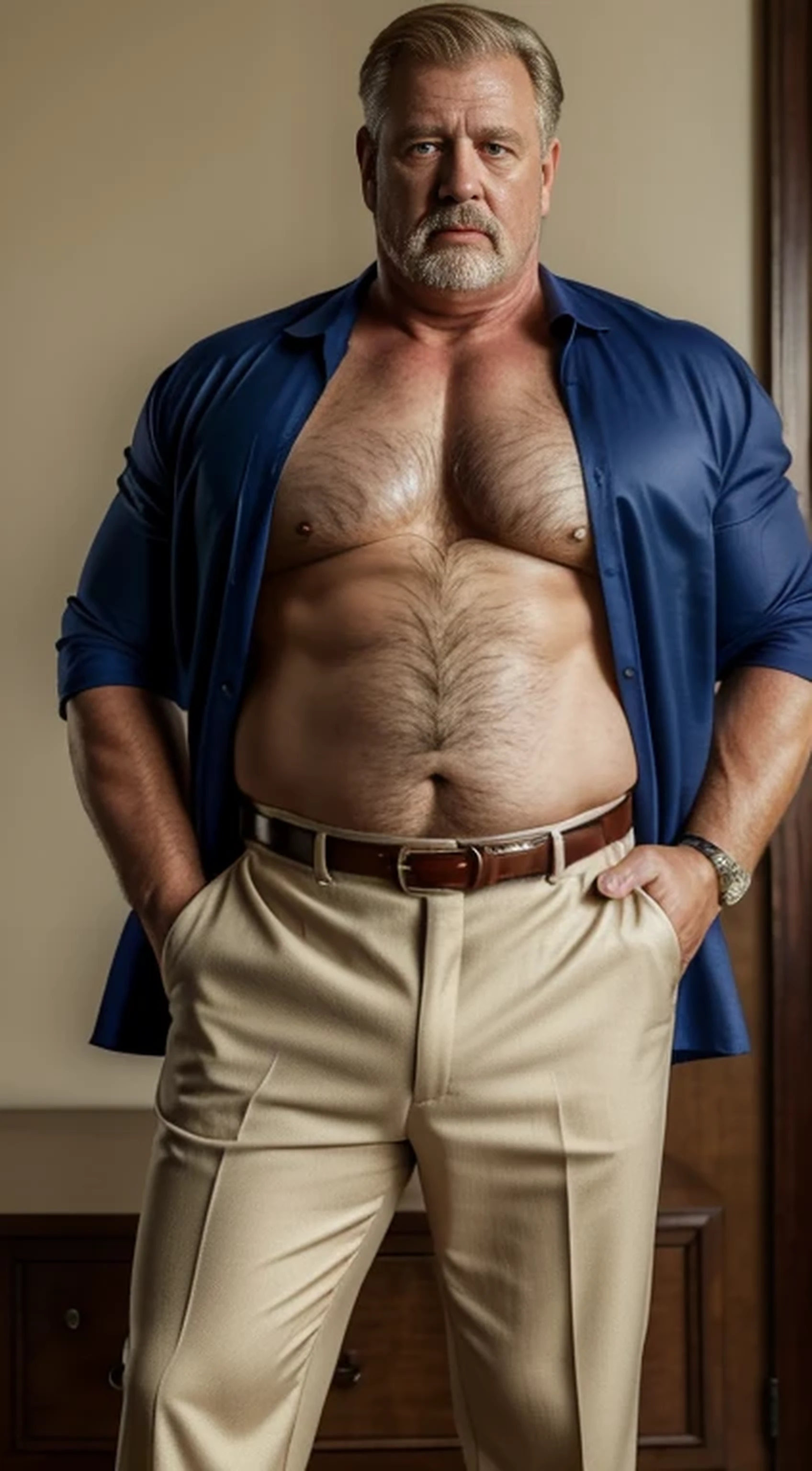 (best quality,4k,8k,highres,masterpiece:1.2), age 60, white man detective , horny disgusting, muscular chubby, kind, open shirt, mature daddy, Dress Pants with big hard bulge, hairy chest hard nipple, belt, loafer,