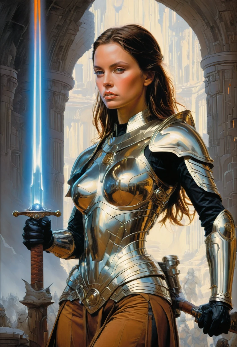 Female Warrior, by Ralph McQuarrie, best quality, masterpiece, very aesthetic, perfect composition, intricate details, ultra-detailed