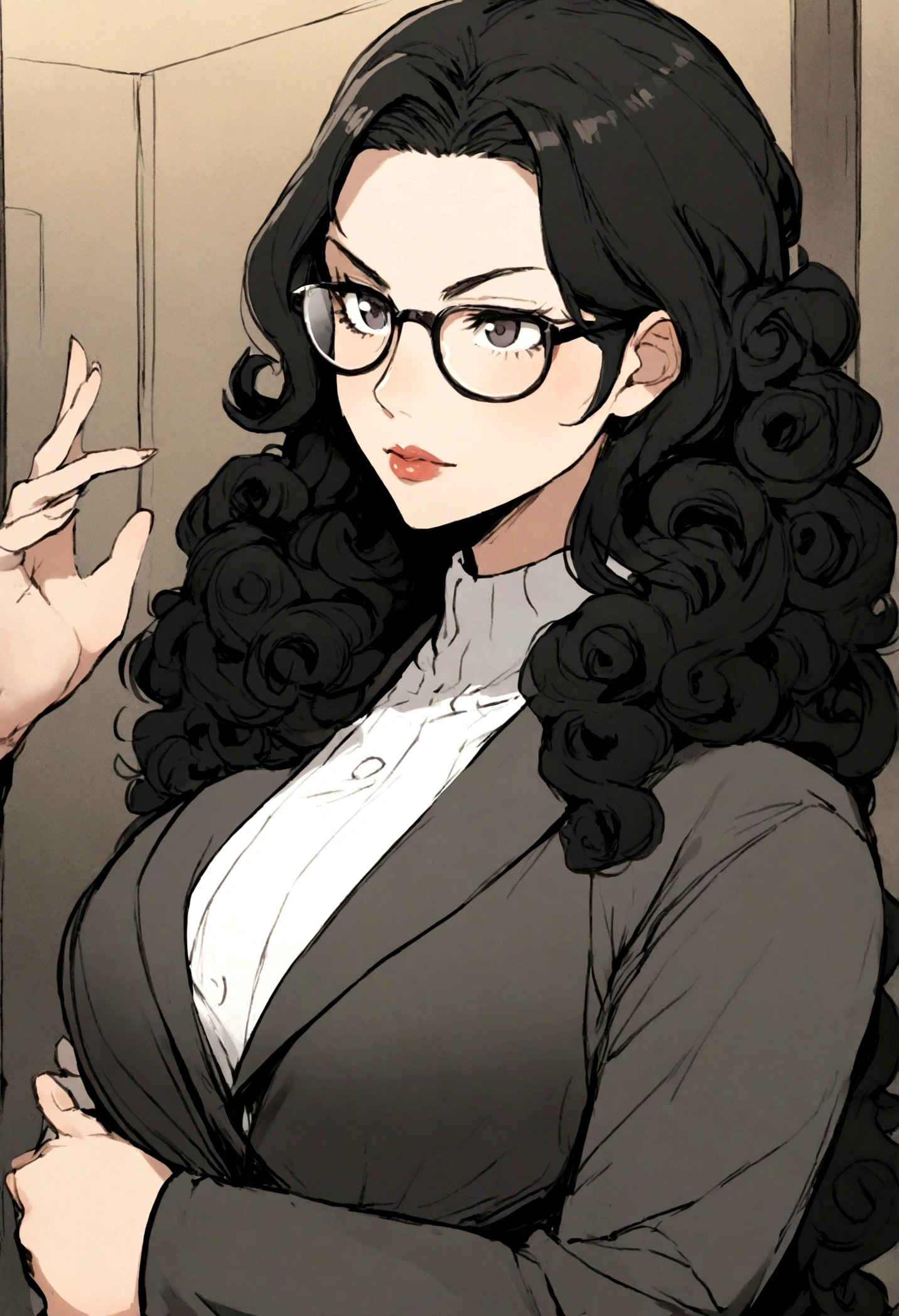 1girl, long hair, black hair, curly hair, mature female, glasses