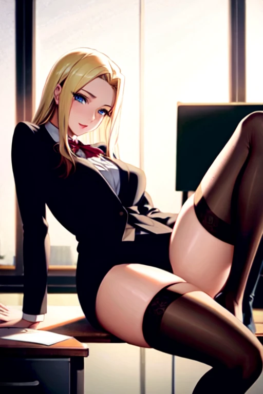 create a 25-year-old anime girl in office attire and black stockings with blonde hair and blue eyes with a luxurious office landscape