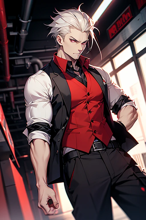 man with pale skin, crimson eyes, a bit long white hair and a manly, badass face. wearing a red shirt rolled up to the elbows, with a black dress vest buttoned on top, with black dress pants with a black tail that ends in a red triangle.
