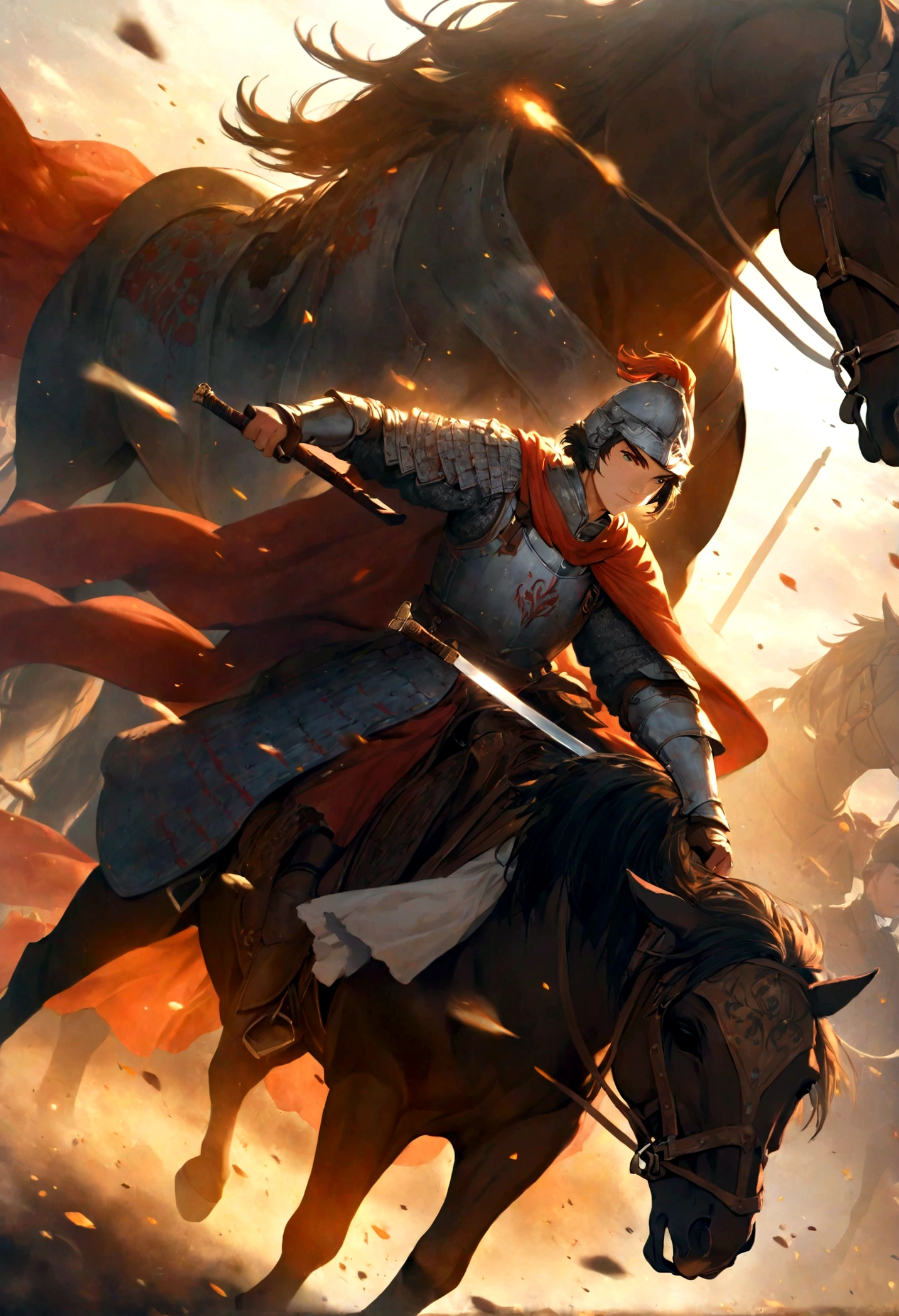 A valiant knight,horse riding,Hold a long knife in your hand,Background is battlefield,Sunshine,Heroic and fearless,Magnificent,Dynamic graphics,Rich in details