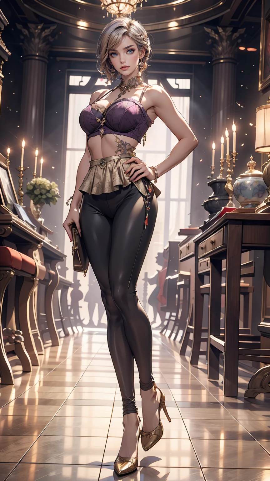 Attractive 24 year old woman、Silver Hair、Shortcuts((short hair))、Purple inner color((colored inner hair))、Wear a bustier top、Wear leggings、smile、Sexy proportions、Sexy proportions、In a luxurious palace、Large stone floor、Sex Appeal Pose