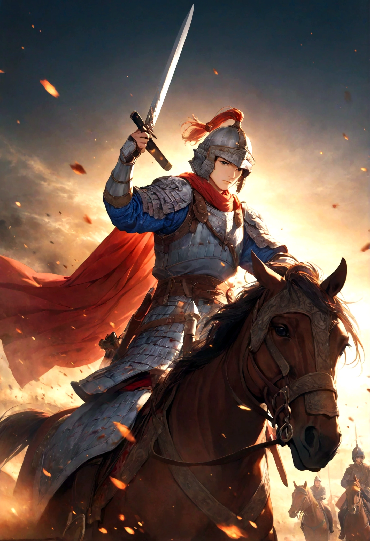 A valiant knight,horse riding,Hold a long knife in your hand,Background is battlefield,Sunshine,Heroic and fearless,Magnificent,Dynamic graphics,Rich in details