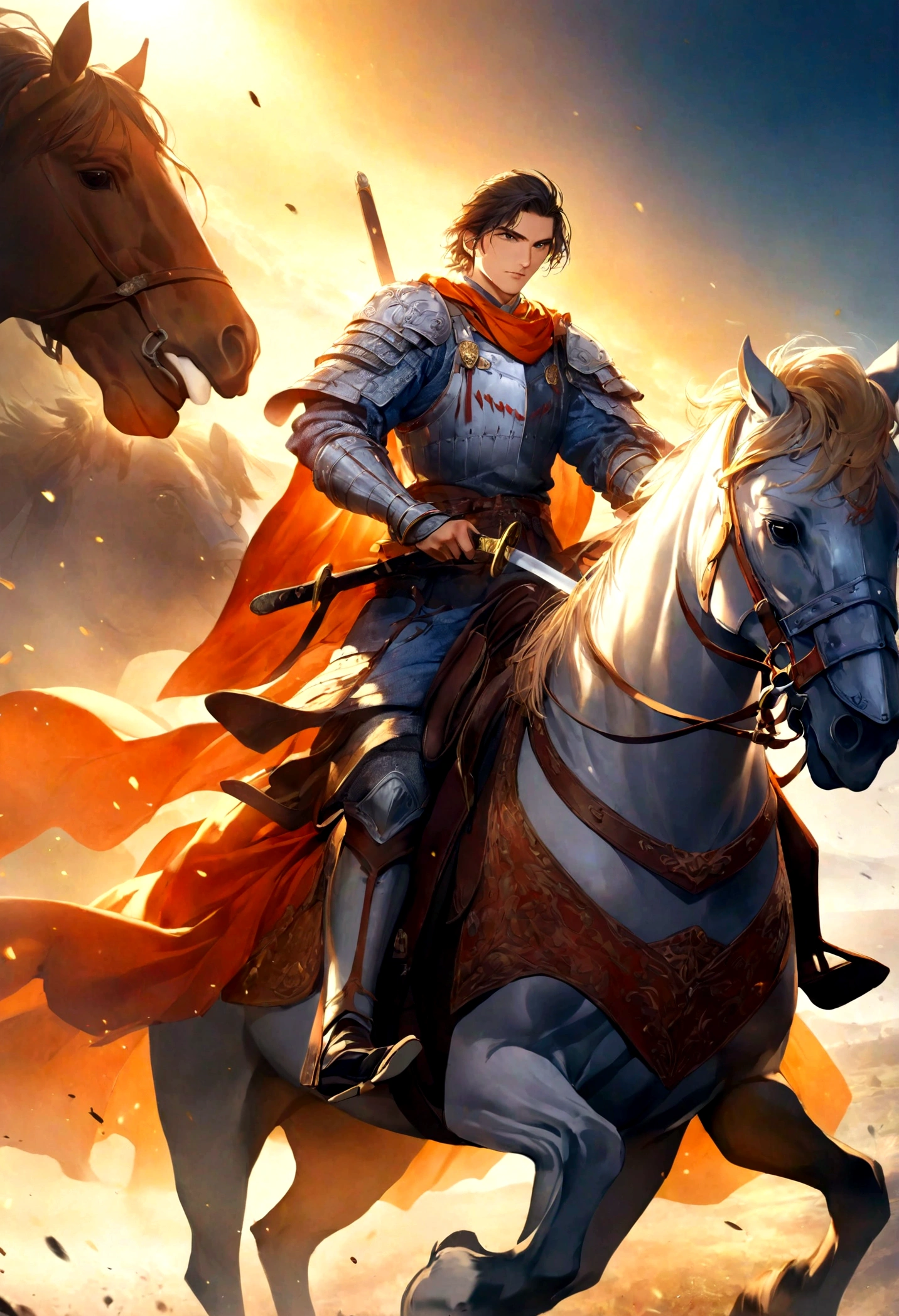 A valiant knight,horse riding,Hold a long knife in your hand,Background is battlefield,Sunshine,Heroic and fearless,Magnificent,Dynamic graphics,Rich in details