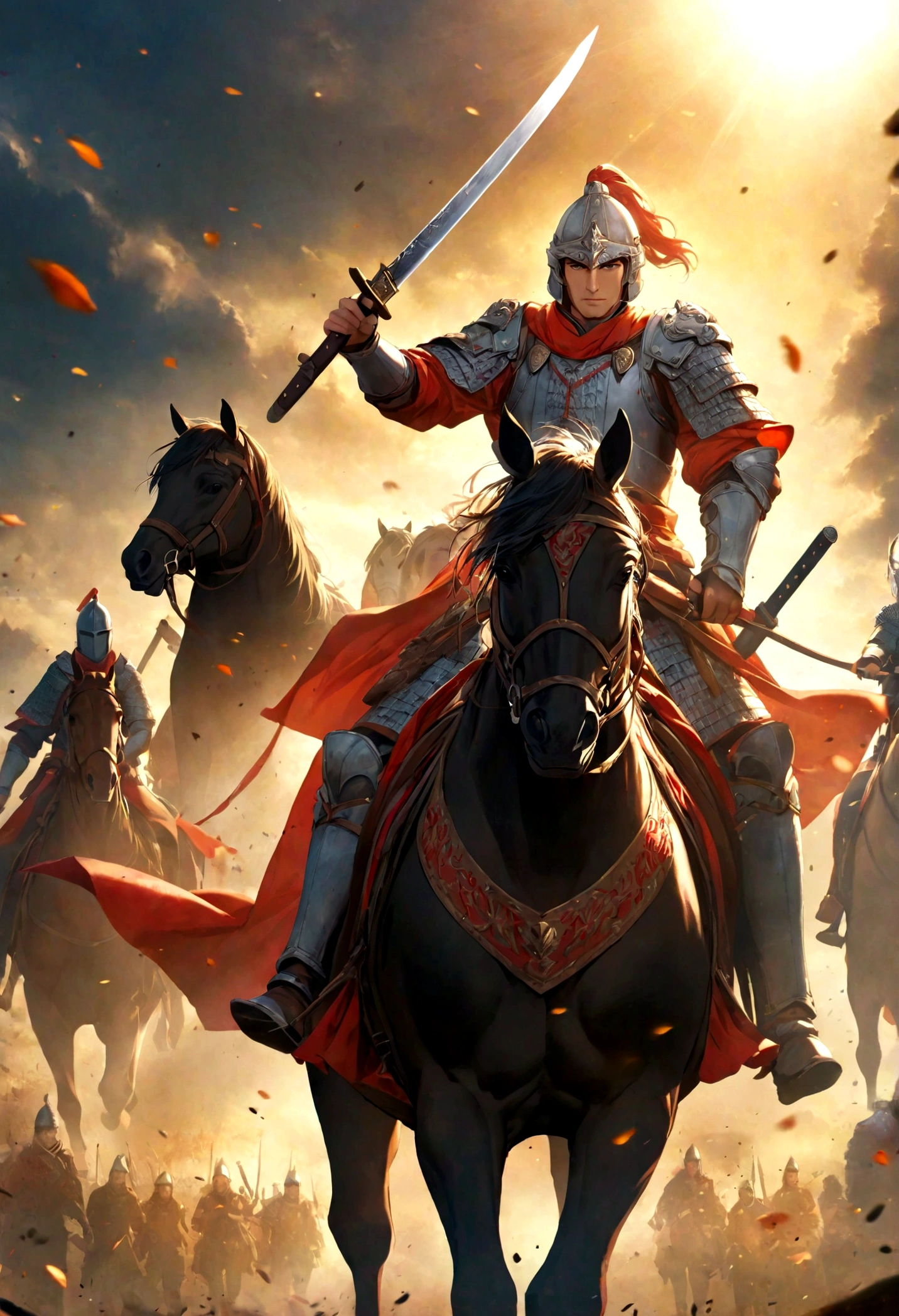 A valiant knight,horse riding,Hold a long knife in your hand,Background is battlefield,Sunshine,Heroic and fearless,Magnificent,Dynamic graphics,Rich in details