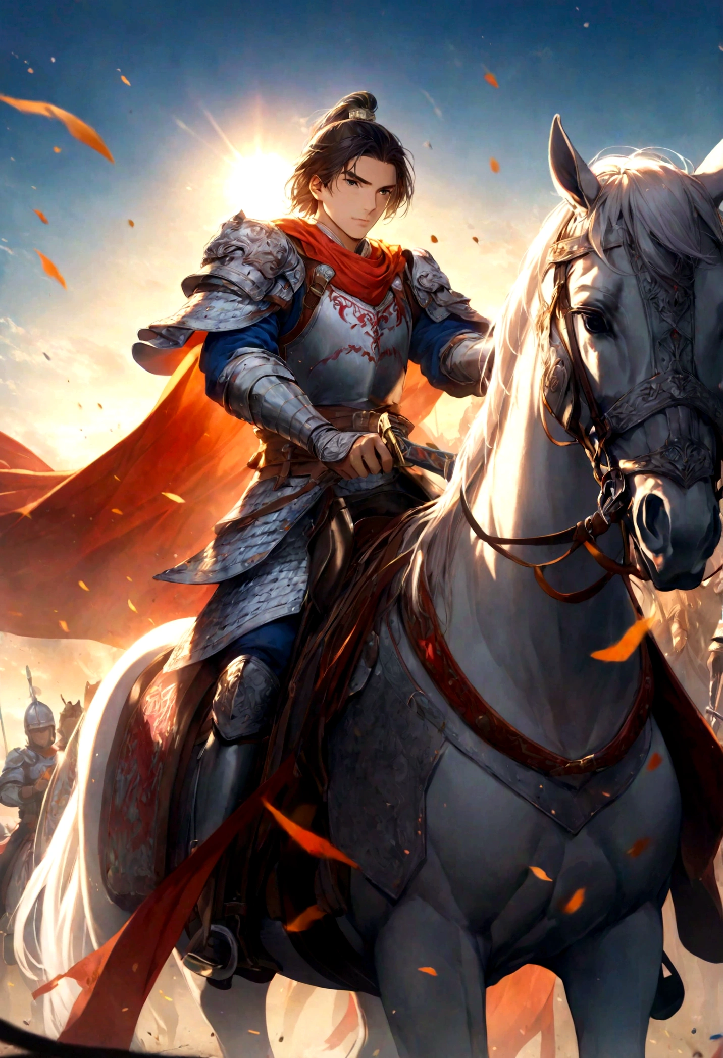 A valiant knight,horse riding,Hold a long knife in your hand,Background is battlefield,Sunshine,Heroic and fearless,Magnificent,Dynamic graphics,Rich in details