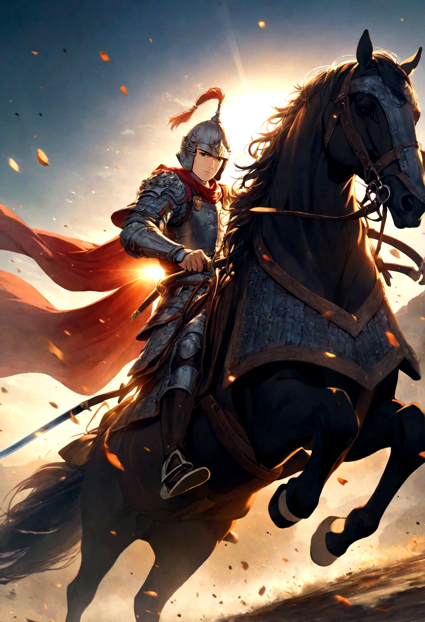 A valiant knight,horse riding,Hold a long knife in your hand,Background is battlefield,Sunshine,Heroic and fearless,Magnificent,Dynamic graphics,Rich in details