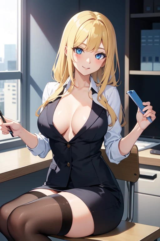 create a 25-year-old anime girl in office attire and black stockings with blonde hair and blue eyes with a luxurious office landscape