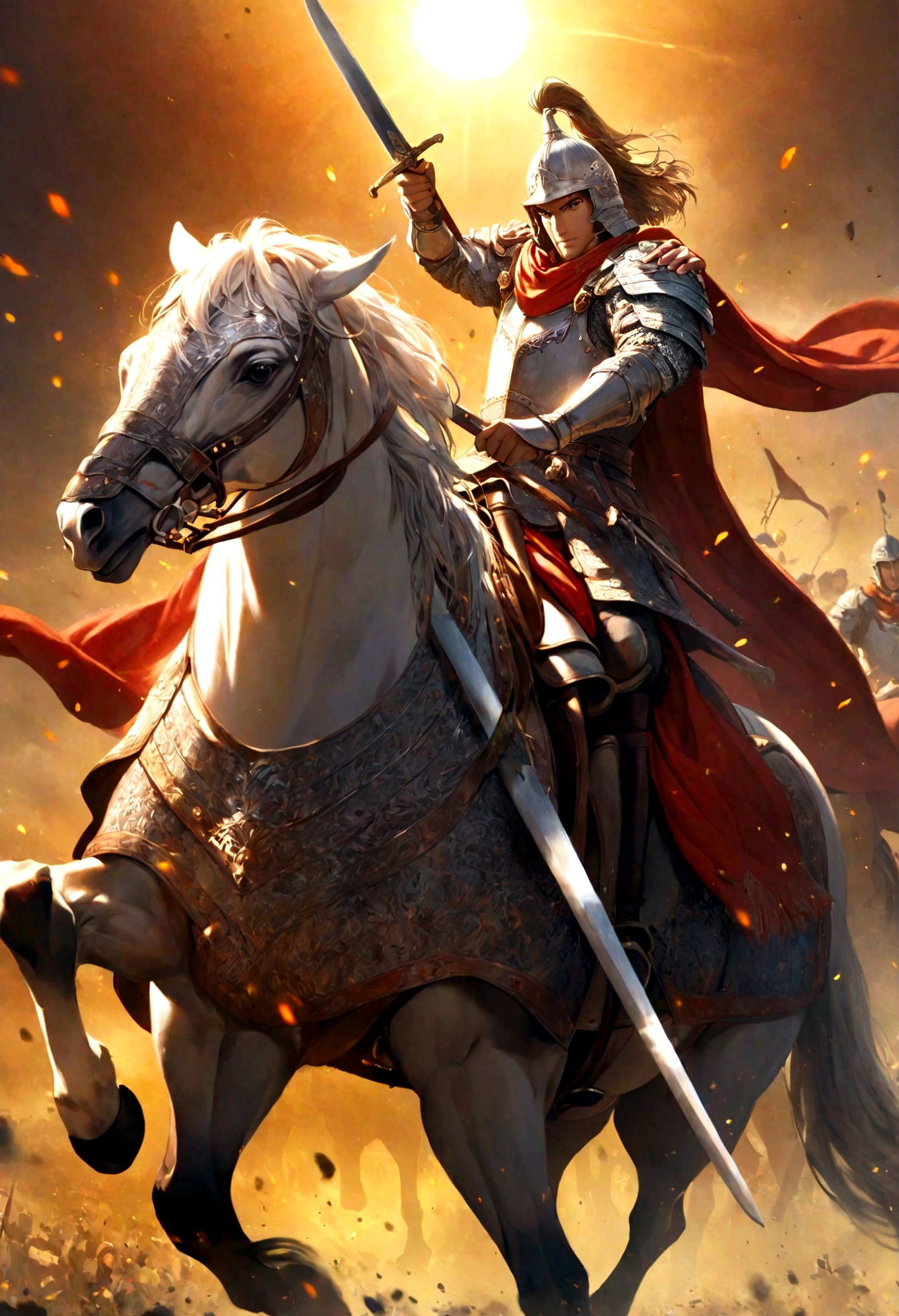 A valiant knight,horse riding,Hold a long knife in your hand,Background is battlefield,Sunshine,Heroic and fearless,Magnificent,Dynamic graphics,Rich in details