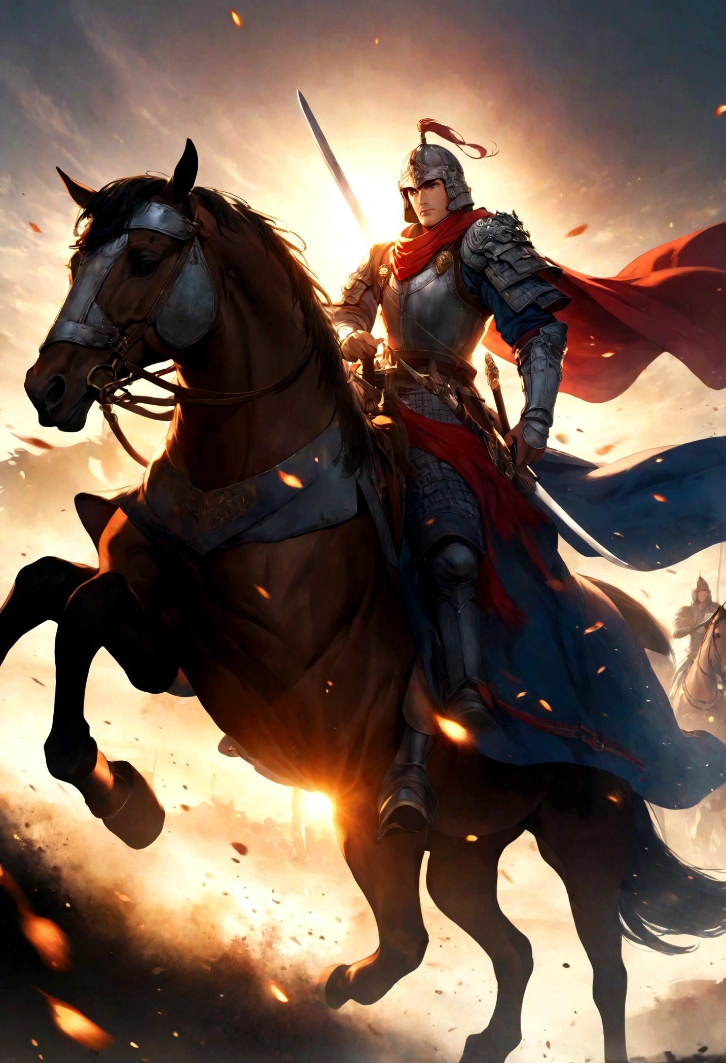 A valiant knight,horse riding,Hold a long knife in your hand,Background is battlefield,Sunshine,Heroic and fearless,Magnificent,Dynamic graphics,Rich in details