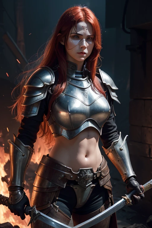 (((medium full shot))), (photorealistic, photorealism, best quality, ultra-detailed:1.3), (nice hands, perfect hands), official art, cinematic light, European beautiful young woman, adult, armor,weapon,sword,solo,red eyes,fire,shoulder armor,long hair,embers,red hair,looking at viewer,holding,breastplate,pauldrons,holding sword,holding weapon,standing,molten rock,closed mouth,serious,lips,pauldrons,power armor,fire,
breasts,clothing,navel,sweat,high fork underwear,red blindfold,transparent clothes,glass armor,