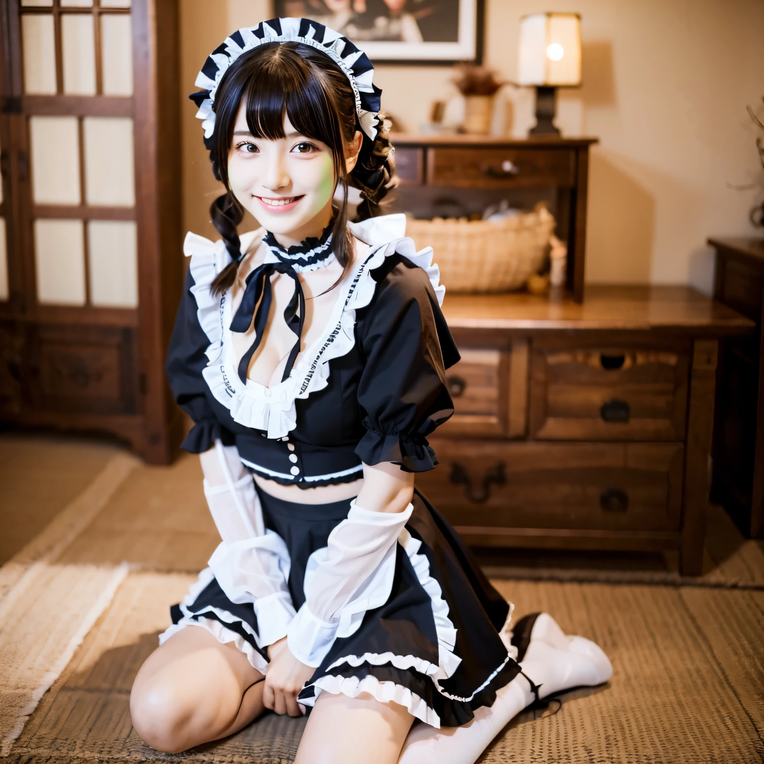 Cute face like an 18-year-old idol　Smiling Kindly　Japanese Gothic Lolita　Cosplay　Frills　Maid clothes　mini skirt　Cleavage　Slightly large bust　indoor　Western-style living room　((Full body portrait))　RAW Photos　Genuine