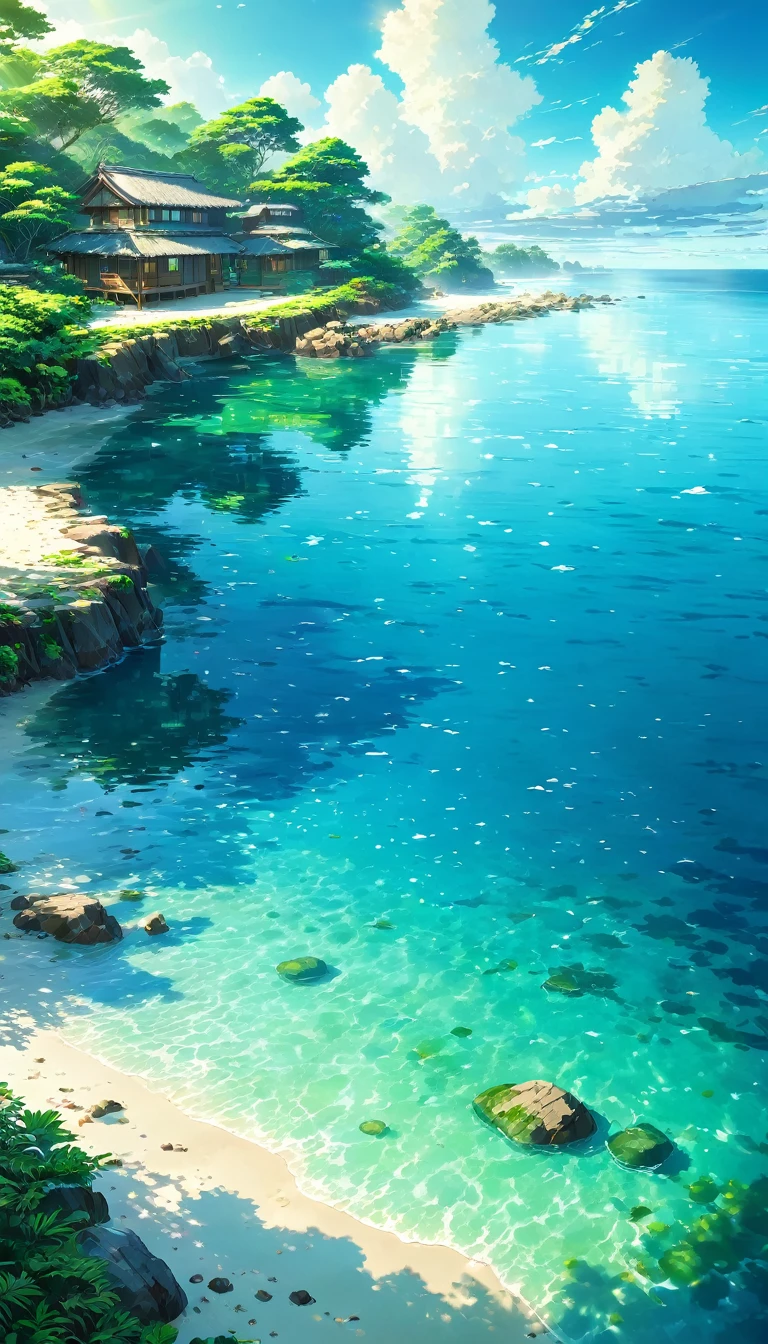 Tropics, lagoon, Water Cottage, Resort, Emerald green, turquoise blue, transparency, sunshine, reflection, water surface, seabed, White Sand, rock, Shadow, cliff, green, blue sky, White cloud, bright々, Paradise, beautiful, Spectacular views, trip, vacation, Silence, green豊か, In the water, Fantasy, Healing,beautiful Anime Scenery, Landscape painting, beautifulデジタル絵画, Andreas Rocha, beautifulアートワークのイラスト, Awesome Wallpapers, Raymond Han, 背の高いbeautiful絵画, Studio Greeble Makoto Shinkai, beautiful壁紙, Anime Scenery