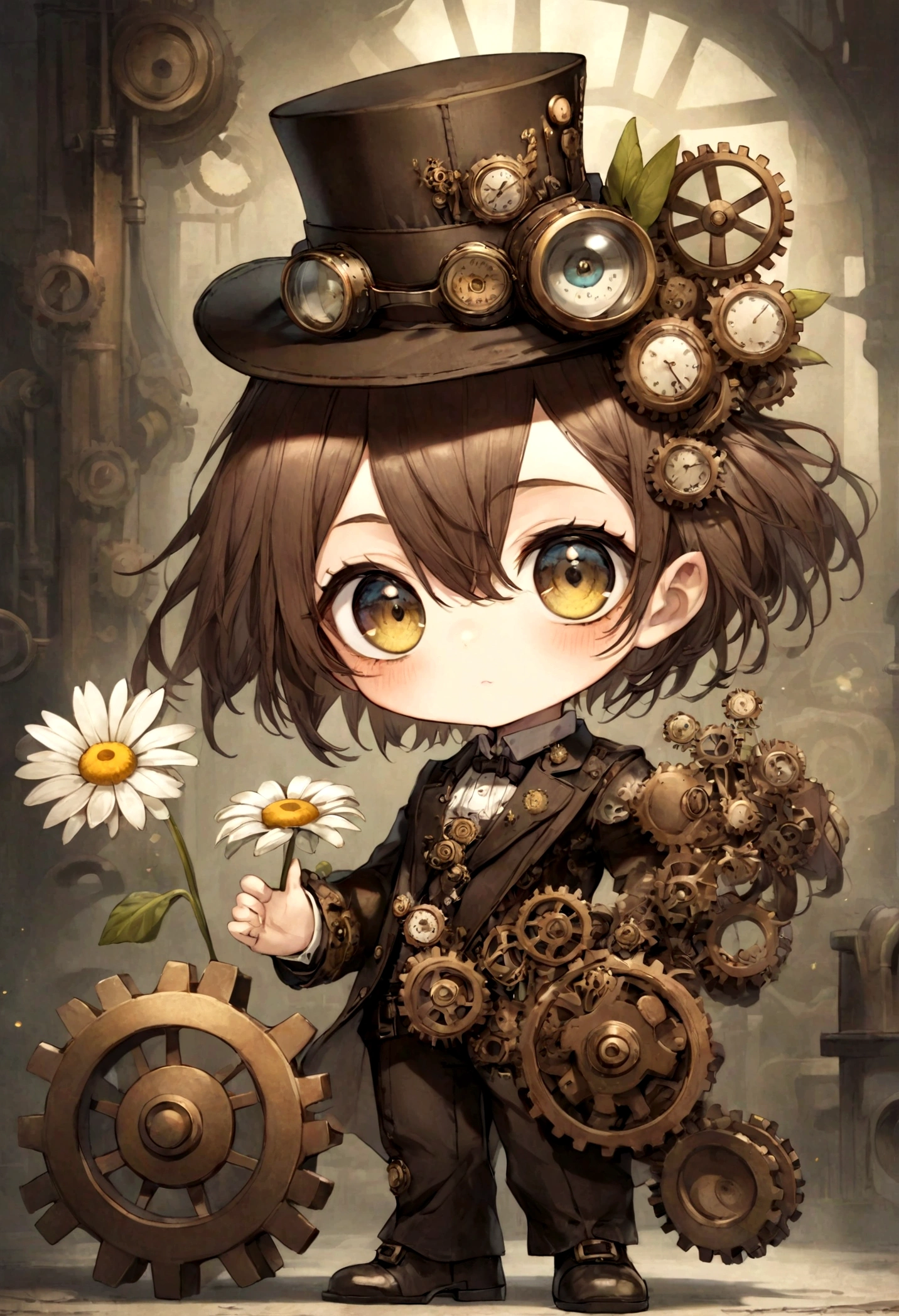 "A chibi character in steampunk attire, holding a daisy flower, with gears and cogs in the background. The character has big, expressive eyes and a cheerful expression, wearing goggles and a top hat."