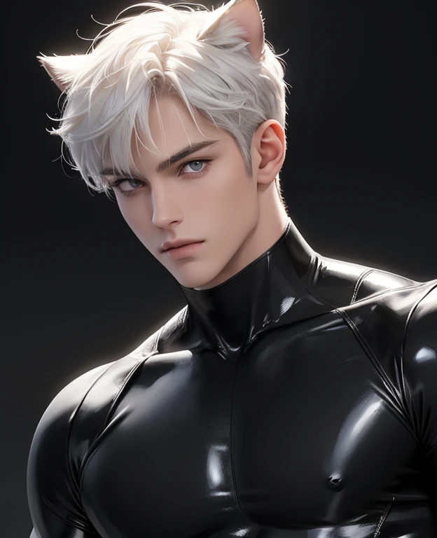 Full body photorealistic 4k, Catboy , cat ears, yellow cats eyes, very high resolution, best quality, masterpiece, perfect color, perfect shade, perfect lighting, Posted by e621, ((portrait)), ((handsome man)), perfect male figure, Short hair details，chest muscles，abdominal muscles, wearing a black tight fit latex spandex with boots and gloves,  Detailed face, perfect face, (stood up), Detailed background, ((Bonifasco Lighting)), (delicate eyes)),white haired. 