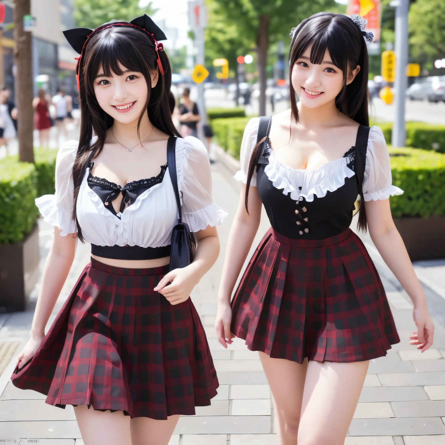 2 girls walking in park,white bra,red bow tie,break,red plaid long skirt,break,18-year-old,bangs,a little smile,thighs,knees, short hair and low pigtails with barrette with red ribbon bow,from below,front light