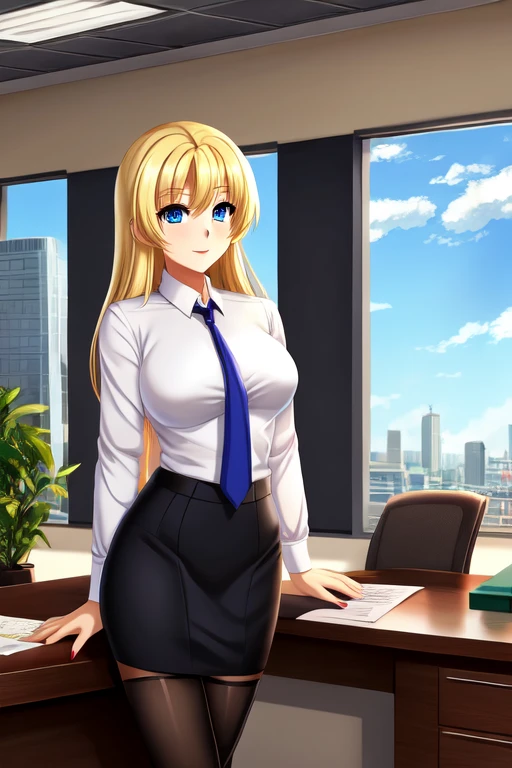 create a 25-year-old anime girl in office attire and black stockings with blonde hair and blue eyes with a luxurious office landscape