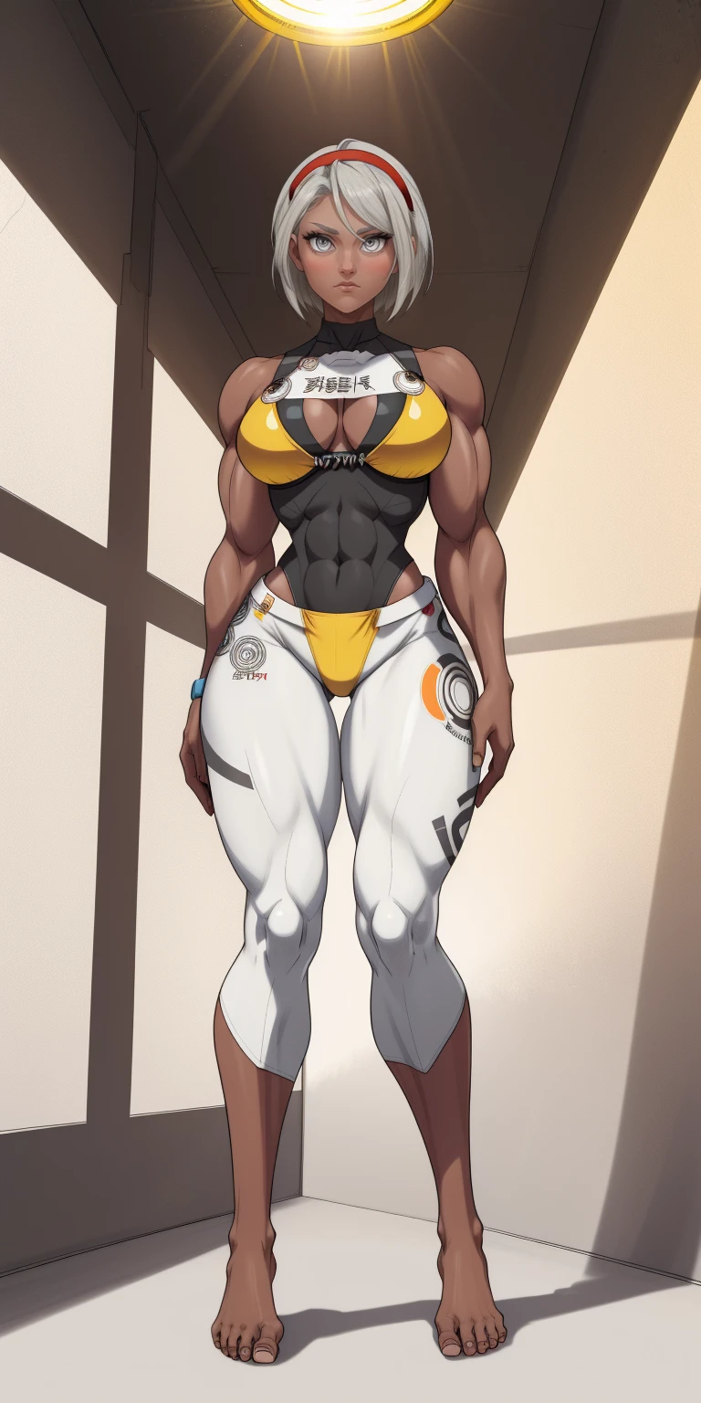 [bea] [pokemon] [uploaded to e621.net; (napalm_express)] ((masterpiece)) ((HD)) ((high res)) ((solo portrait)) ((full body)) ((front view)) ((feet visible)) ((detailed shading)) ((beautiful render art)) ((intricate details)) {anime girl; (dark-toned skin) (cute red eyes) (short eyelashes) short bob white silver hair (curvy hips) (defined muscles) (beautiful muscular legs) (beautiful feet) (expressionless)} {(white shirt) (midriff) (bodysuit under clothes) (yellow print bikini) (black hairband)} {(standing) (looking in the distance)} [background; (plain background) (ceiling lights) (sun rays)