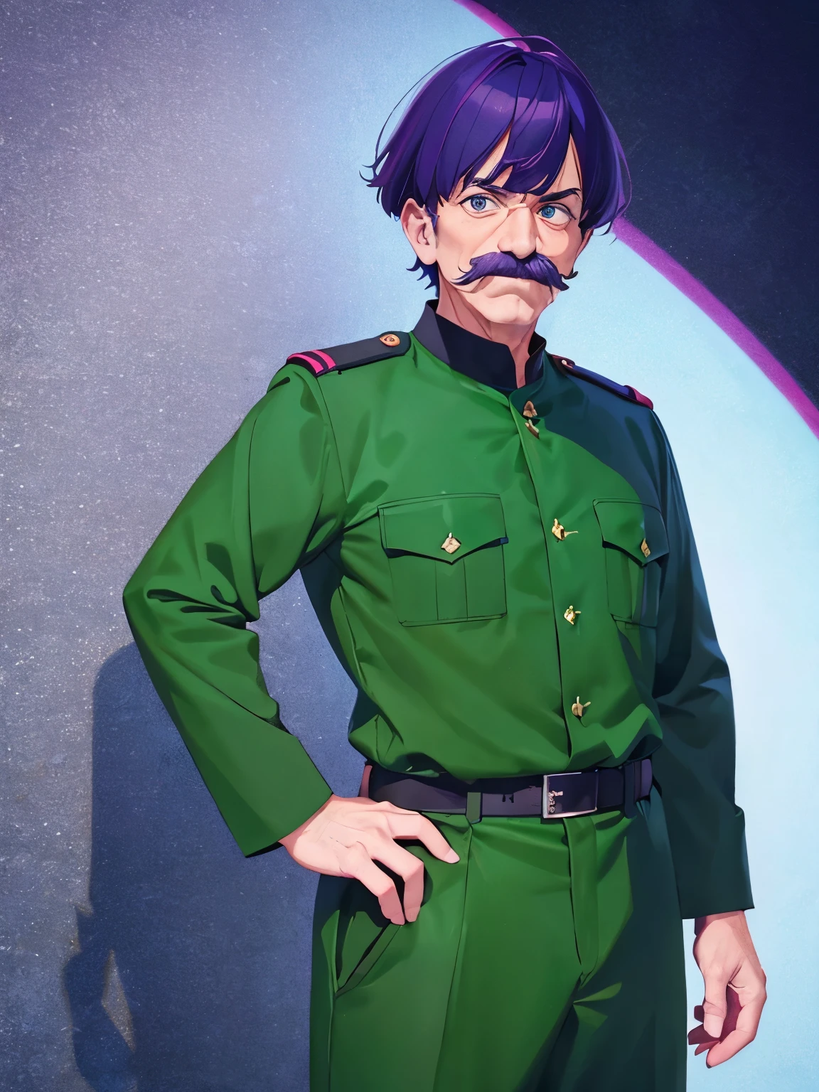 1 old man, 70 years old, short hair, Hands forward,purple hair, green eyes, purple mustache, green army uniform,ultra detail, ultra HD, standing,Thin body,half body photo