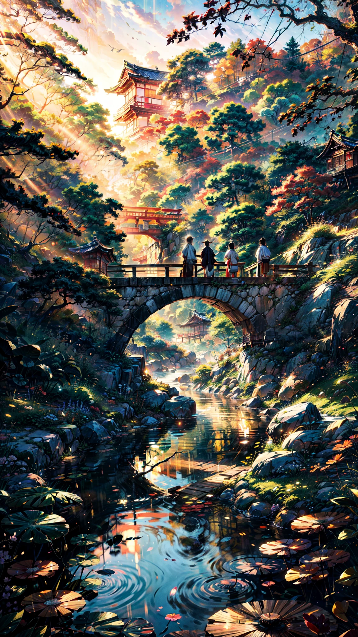 a Japan traditional art style illustration that captures the essence of a weathered red wooden bridge suspended over a meandering stream. Bathed in the warm, ethereal glow of the golden hour sunlight filtering through an abstract arrangement of stylized trees, the scene encapsulates a fusion of nostalgia and contemporary vibrancy.ar-- 16:9